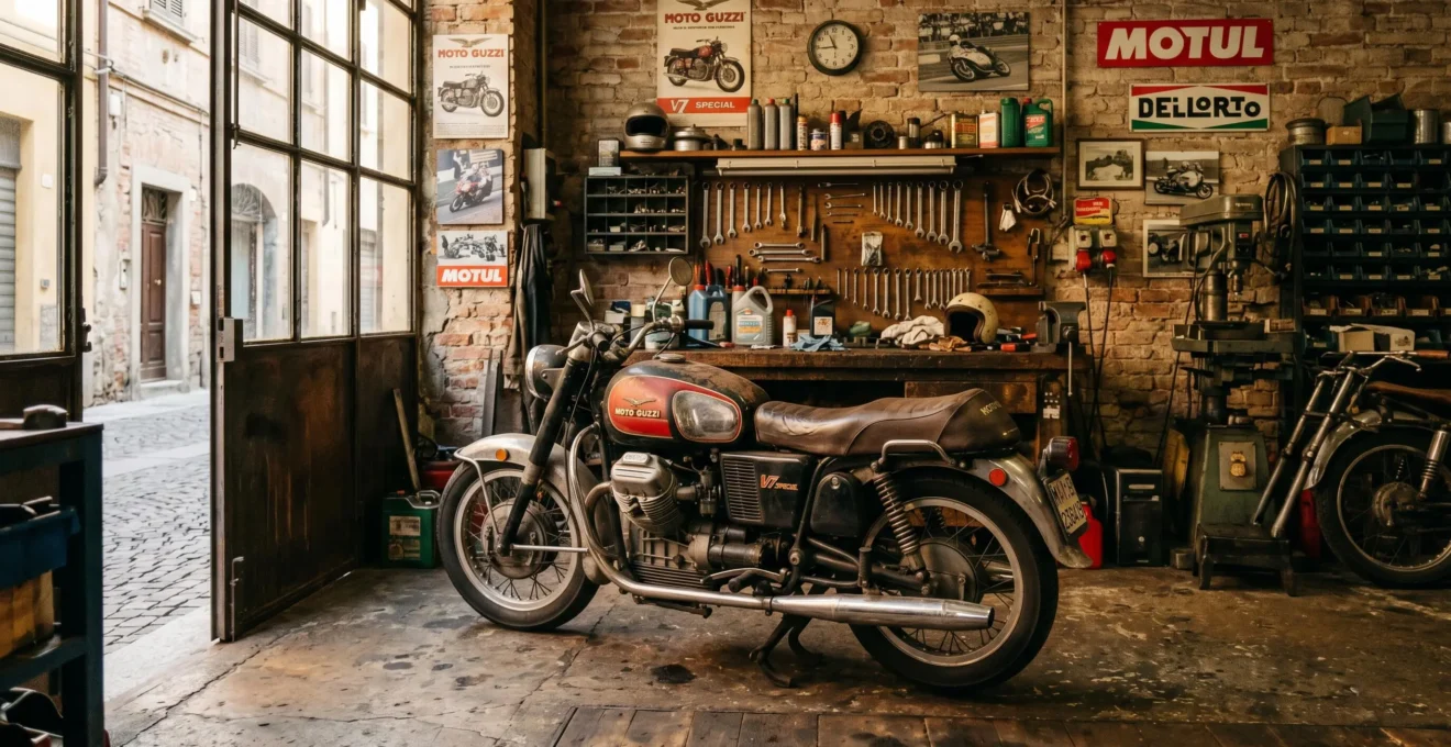 Moto Guzzi vintage restaurée dans un atelier artisanal avec éclairage naturel studio