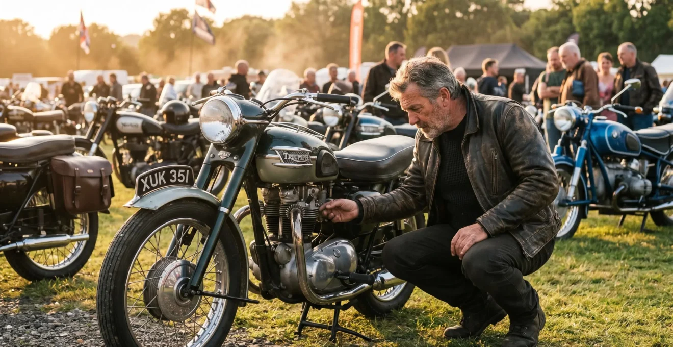 Propriétaire vérifiant son moto vintage avant un rassemblement de véhicules anciens en plein air